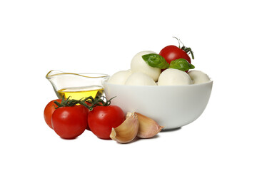 PNG, Balls of mozzarella cheese and basil in bowl, tomatoes, garlic and bowl of oil, isolated on white background
