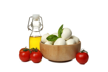 PNG, Balls of mozzarella cheese and basil in bowl, tomatoes, bottle of oil, isolated on white background