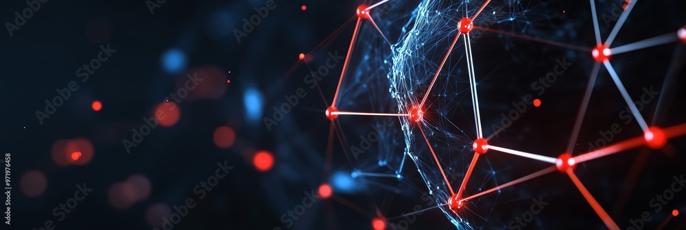 Poster a futuristic abstract image depicting a network of interconnected nodes, represented by red and blue