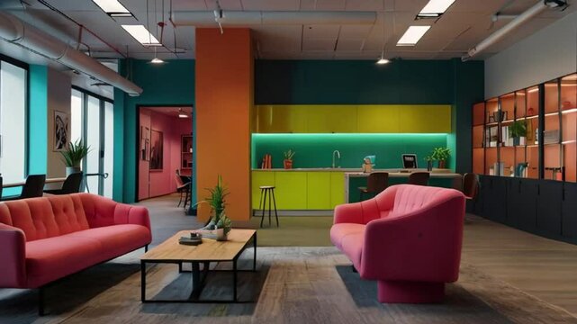 "Animate a vibrant co-working space with pops of neon color, dynamic textures, 