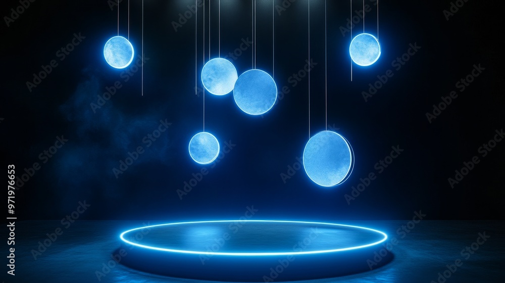 Poster a futuristic and ethereal stage illuminated by hanging glowing orbs, creating a sense of wonder and 
