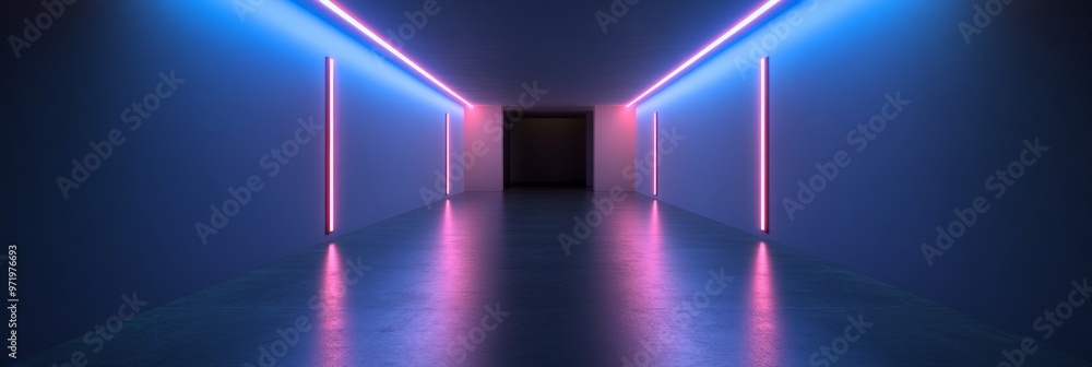 Poster a futuristic and minimalist hallway with vibrant pink and blue neon lights illuminating the walls. t