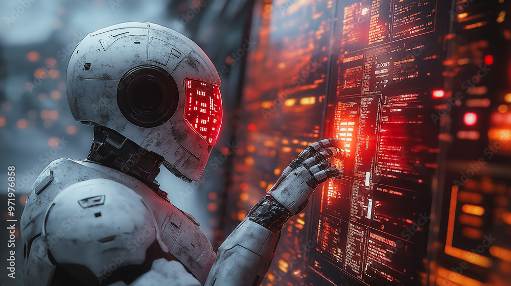 Poster a robot is looking at a computer screen with a red button. the robot is wearing a white helmet and h