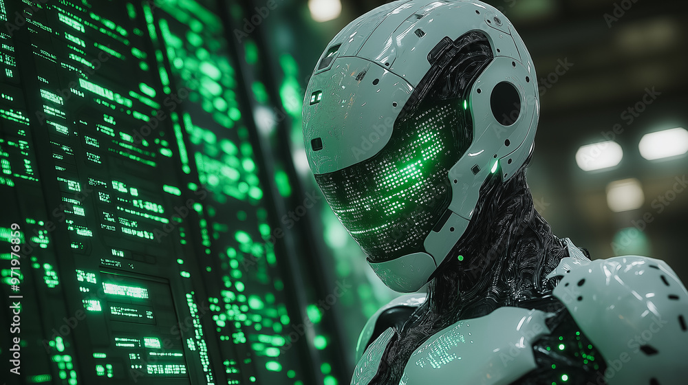 Aufkleber a robot with a green face stands in front of a green screen with a lot of numbers. the robot's face 