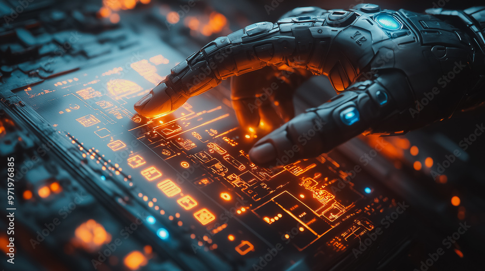 Poster a hand is pointing at a computer screen with a lot of glowing numbers and letters. concept of techno