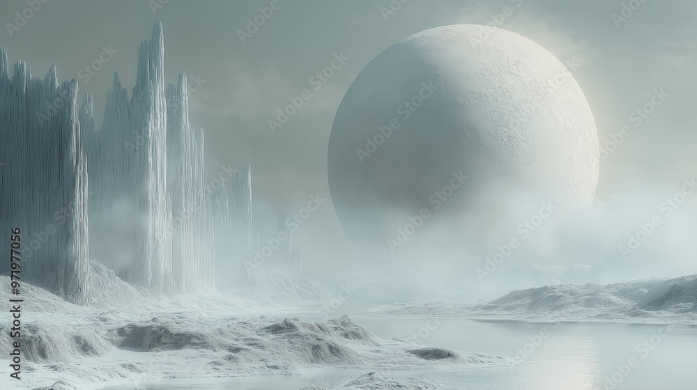 Poster a desolate landscape with a large white object in the sky. the sky is cloudy and the ground is cover