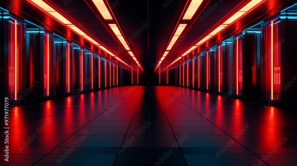 Poster a futuristic corridor with red neon lights illuminating the modern architecture, creating a sense of