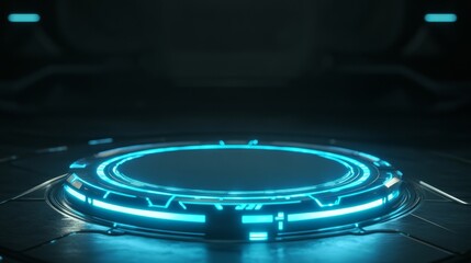 A futuristic glowing circular platform with blue neon lights, representing innovation, technology, progress, advancement, and the future.