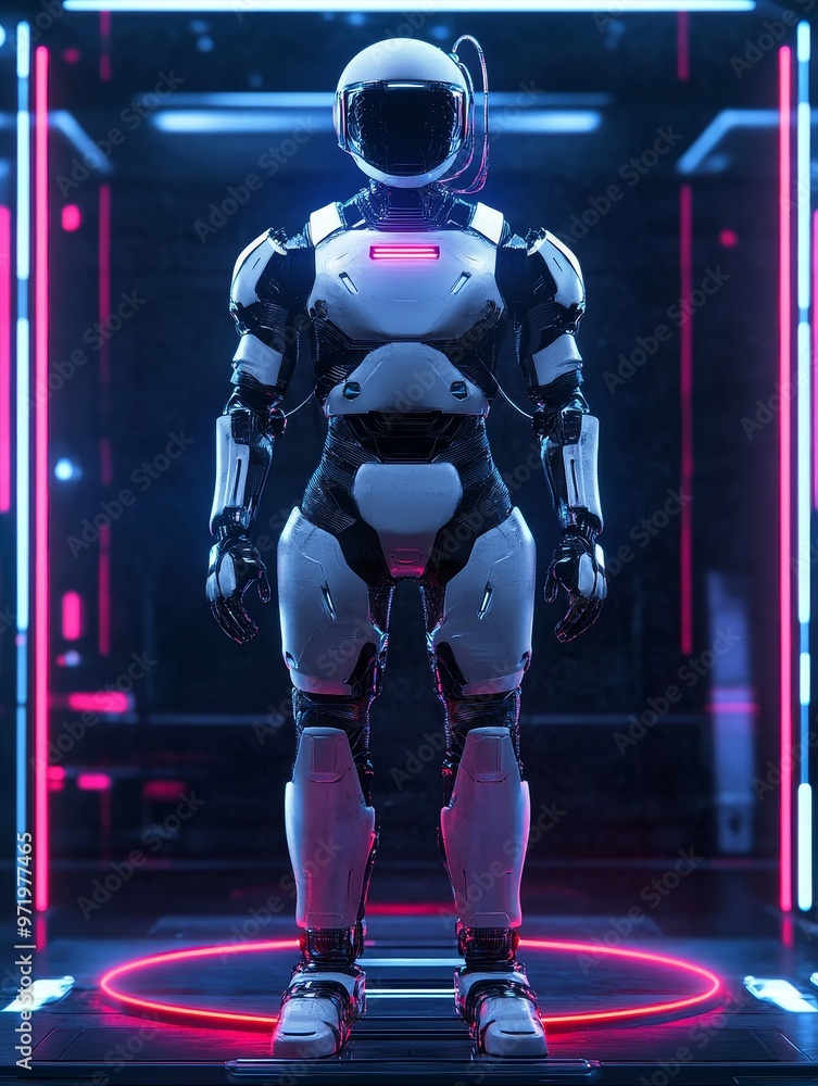 Poster a futuristic robot in a white exosuit stands on a digital platform illuminated by neon lights, symbo