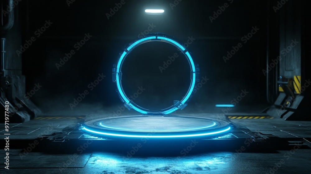 Poster a futuristic scene featuring a glowing circular platform illuminated by a vibrant blue light. the pl