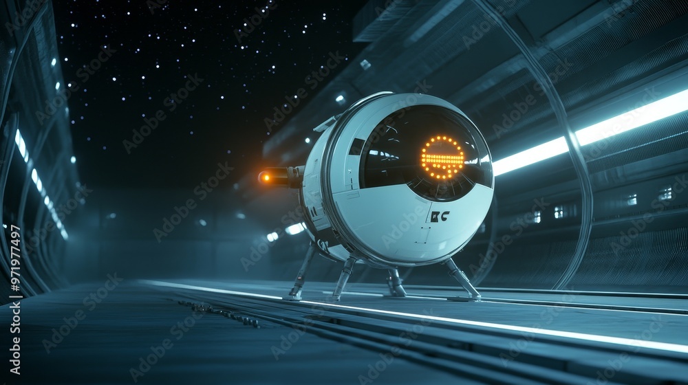 Poster a futuristic spacecraft with glowing lights is parked in a sleek, illuminated tunnel. the spacecraft