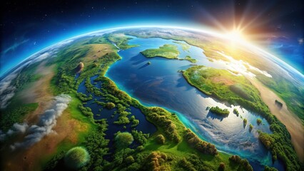 Fototapeta premium A stunning aerial view of Planet Earth showcasing its lush landscapes and abundant water resources, earth, planet, water