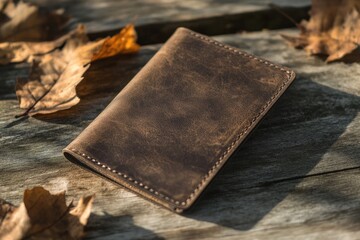 Brown Leather Wallet on a Wooden Surface with Dried Leaves
