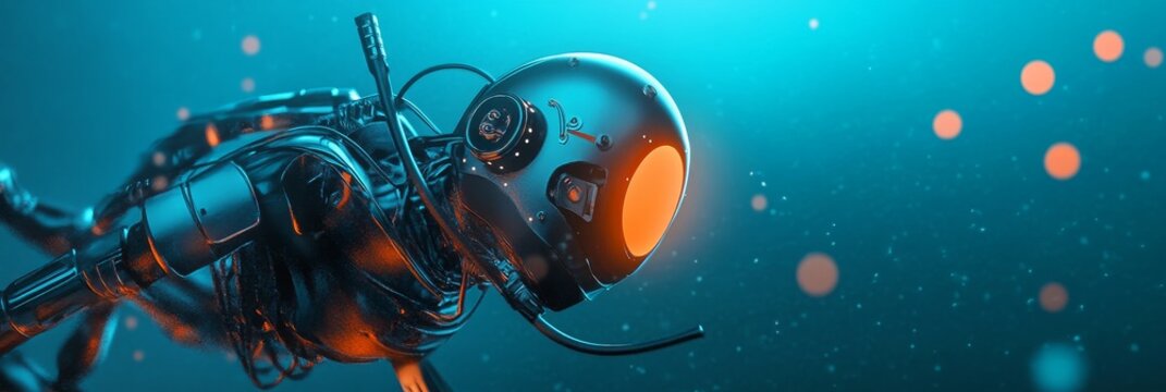 A futuristic robot,  in a sleek, metallic design, navigates the depths of the ocean. It's equipped with a helmet-like head and a  glowing orange light, suggesting advanced technology.  Its robotic lim
