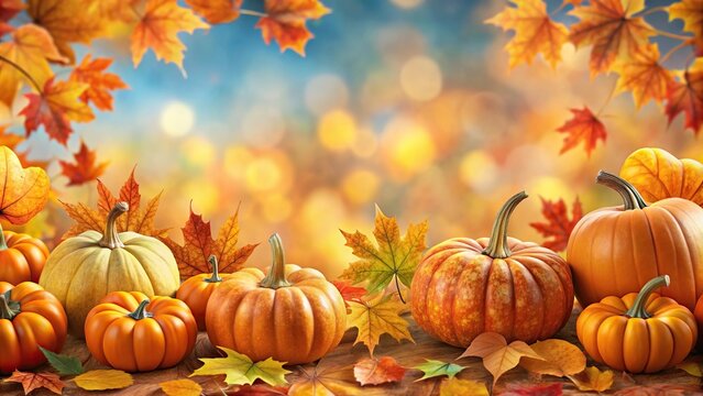 Worm's eye view autumn seamless pattern with pumpkins and colorful fall leaves