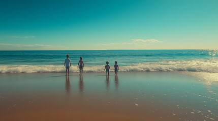 Fototapeta premium A family of four is standing on the beach, enjoying the ocean view. The children are playing in the water, while the parents watch over them. The scene is peaceful and relaxing