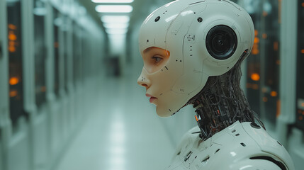 A woman in a white robot suit stands in a large room. The robot suit is made of metal and has a robotic face. The room is dimly lit, giving it a futuristic and mysterious atmosphere