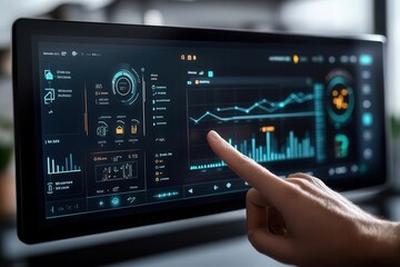Side view of a hand interacting with a modern smart thermostat, with projected graphs showing energy consumption reductions, smart home control, energy savings visualization