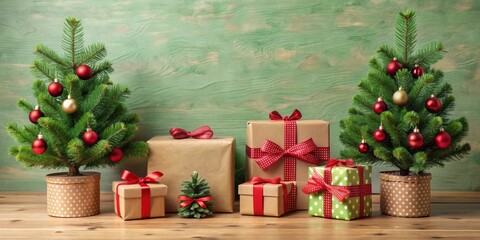 Christmas presents in row beside green decorated fir tree , Christmas, presents, gifts, row, green, decorated, fir tree,
