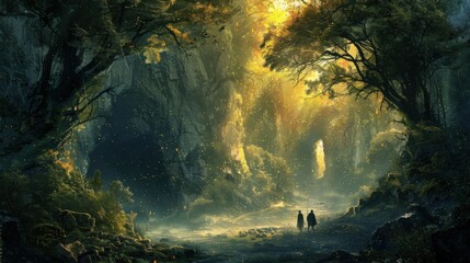 Design an image of travelers venturing through a forgotten cave system