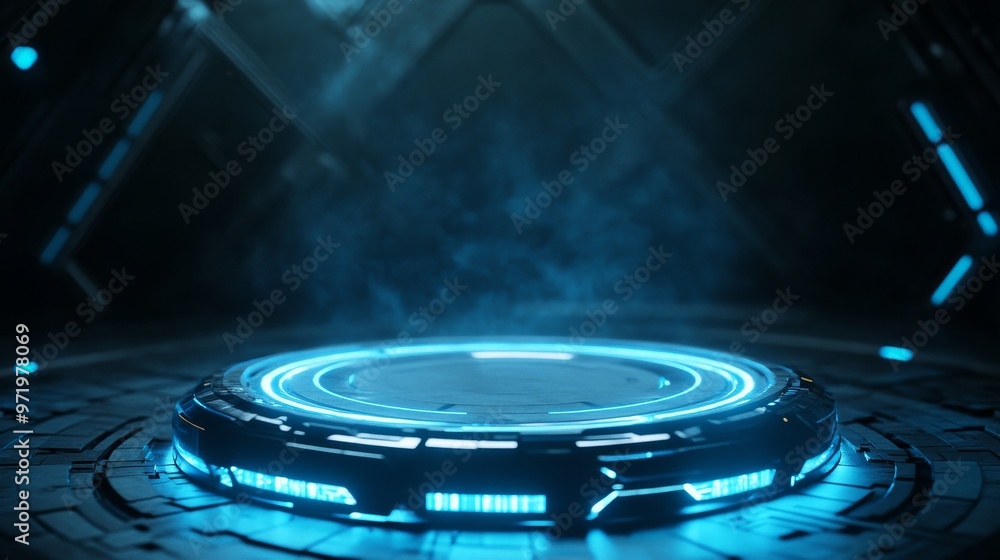 Aufkleber a glowing circular platform in a dark setting with a futuristic design, symbolizing innovation, tech