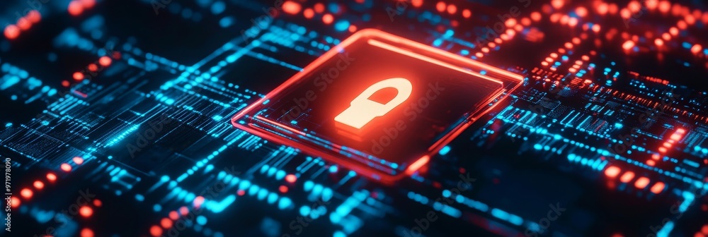 Aufkleber a glowing red padlock symbol on a circuit board, representing the importance of cybersecurity in pro