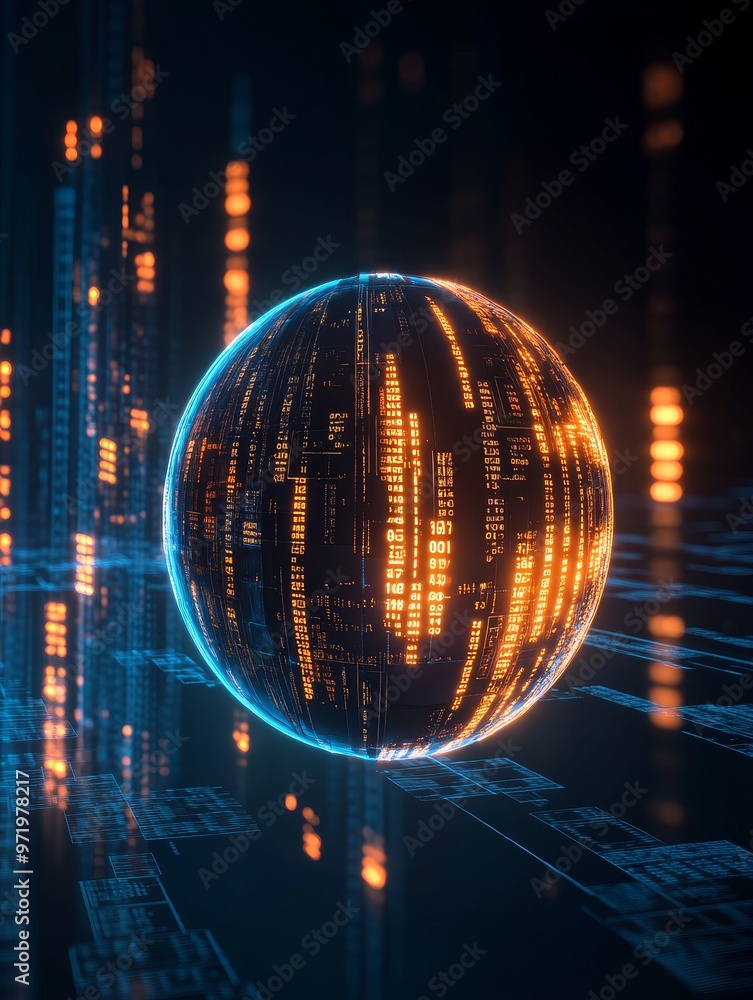 Poster a glowing sphere composed of binary code, symbolizing the digital world, data, technology, innovatio