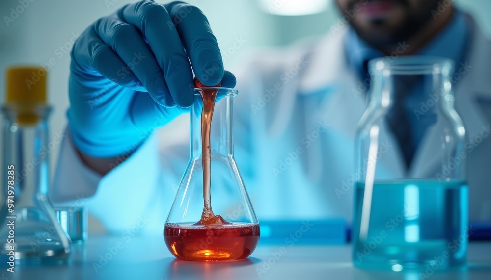 Poster precise science in action a scientist carefully measures a red liquid into a flask