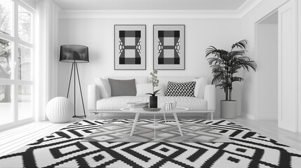 Fototapeta premium Living room with a monochromatic black-and-white color scheme, featuring modern furniture and geometric patterns on the rug.
