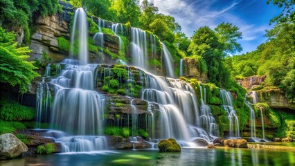 Obraz premium Worm's eye view of cascading waterfall surrounded by lush greenery in Branson Missouri