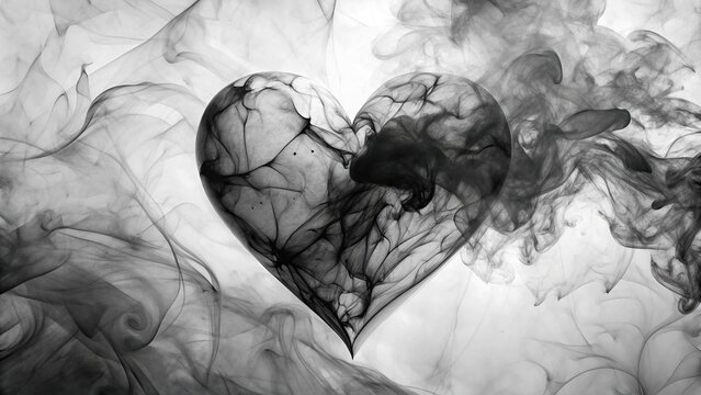 Worm's eye view of black watercolor ink broken heart with smoke flow blot on white background texture marble