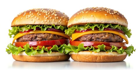 Worm's eye view of double hamburger isolated on white background