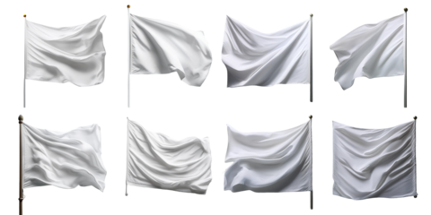 Collection of white flags in various flowing motions isolated on transparent background