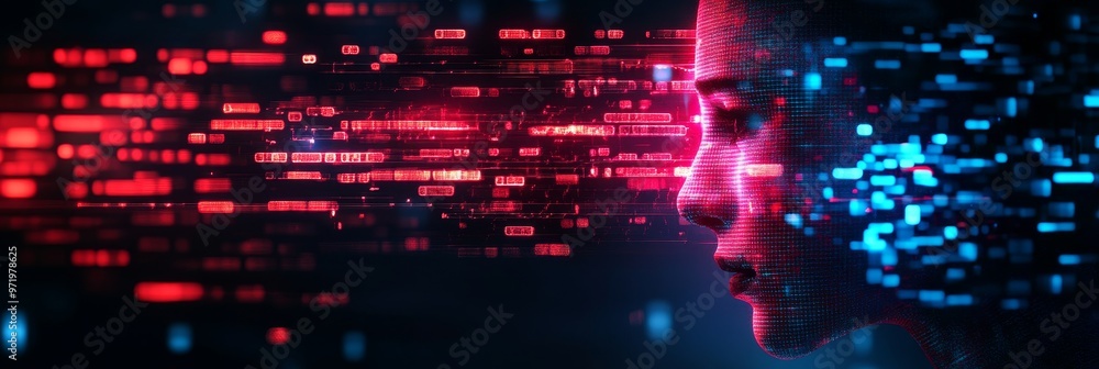 Poster a haunting digital entity emerges from a chaotic display of red and blue code. the creature's face i