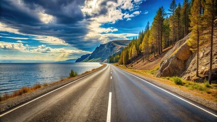 Fototapeta premium Worm's eye view of highway road in Baikal region to Olkhon Island