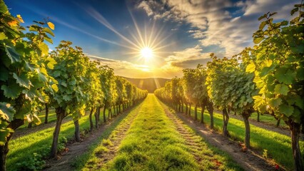 Naklejka premium Worm's eye view of low early morning sun casting shadows through an English vineyard