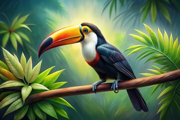 Obraz premium Worm's eye view painting of a toucan perched on a branch with leaves