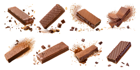 Chocolate wafers crumbling in different shapes and textures isolated on transparent background