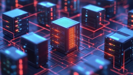 Fototapeta premium 3D rendering of servers being fortified with security firewalls during a cyberattack simulation, cybersecurity continuity, digital defense systems