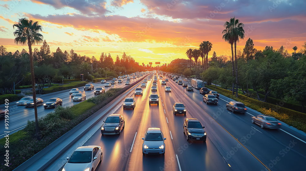 Poster a busy highway with cars and palm trees in the background. the sun is setting, creating a warm and p
