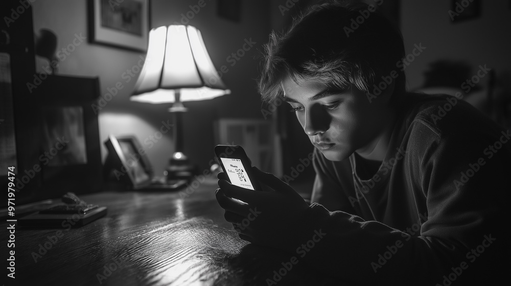 Aufkleber a boy is sitting at a table with a cell phone in his hand. he is looking at the screen, possibly tex