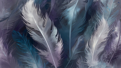 Fototapeta premium Feather shapes dissolve into fine, swirling mist, blending soft hues of blue, lavender, and silver, creating an airy, dynamic abstract background
