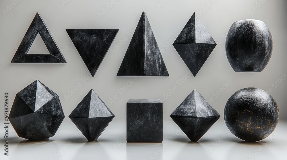 Poster collection of assorte geometric shapes set of different icons signs an symbols black objects isolate