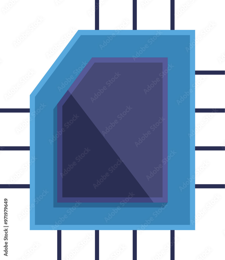 Poster blue microchip with a dark square in the center representing processing power