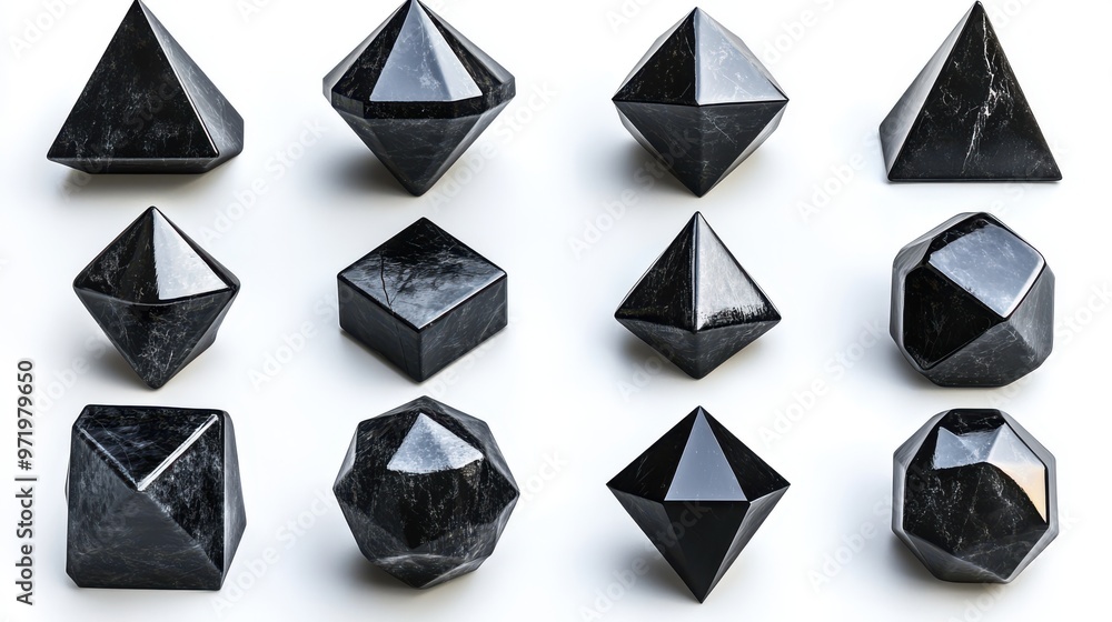 Poster collection of assorte geometric shapes set of different icons signs an symbols black objects isolate