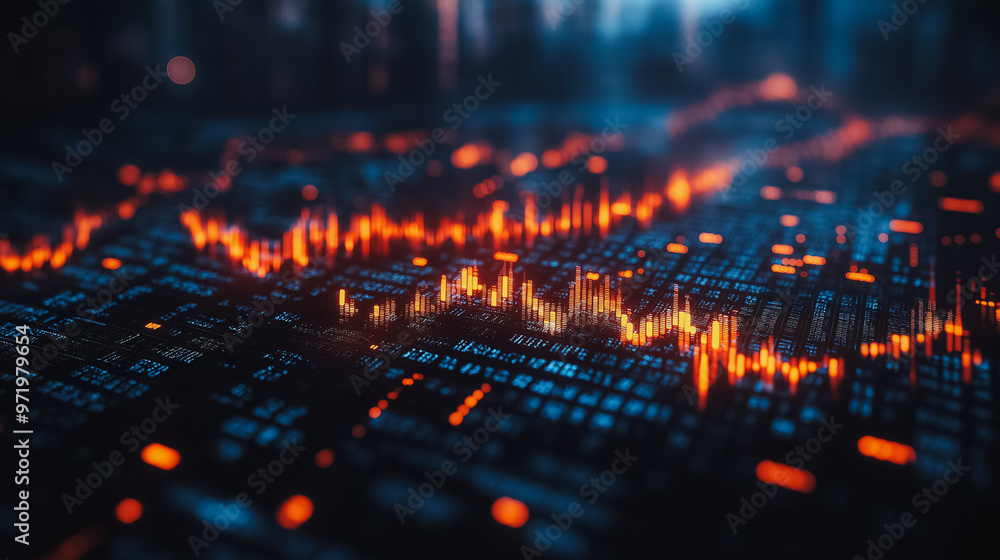 Poster a computer generated image of a cityscape with orange and blue lines. the image has a futuristic and