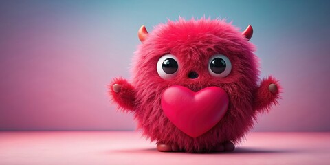 Fototapeta premium Adorable Valentine love monster with heart-shaped antenna and fluffy fur, Valentine, cute, love, monster, creature, cartoon, sweet