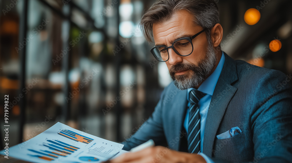 Aufkleber a man in a suit is looking at a piece of paper with graphs on it. he is focused and serious as he st
