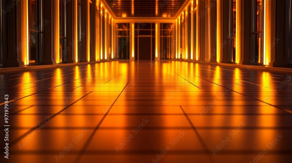 Poster a long corridor with warm yellow lights illuminating the floor, creating beautiful reflections. the 