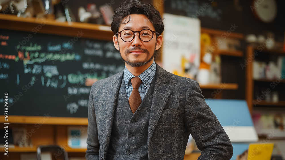 Poster a man in a suit and tie stands in front of a chalkboard with equations on it. he is smiling and he i